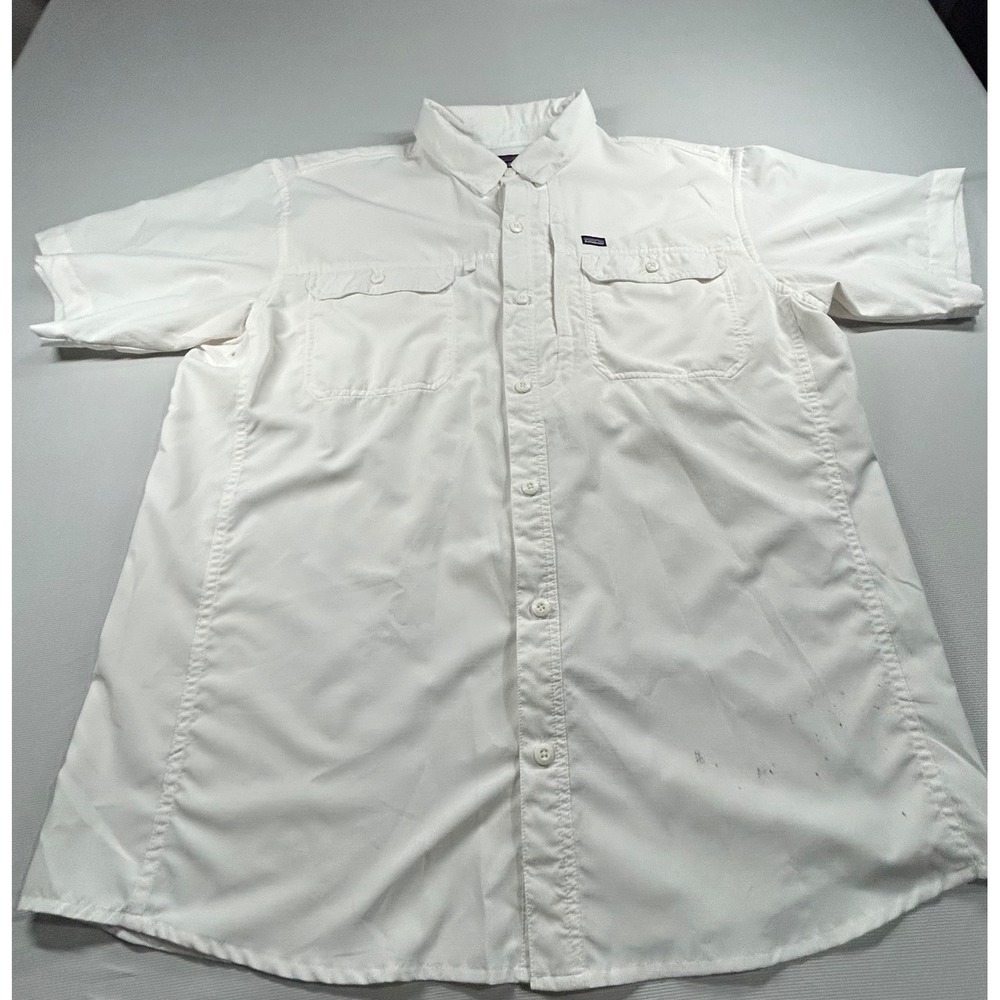 Patagonia Mens White Short Sleeve Vented Fishing Shirt Large Pockets 52103
